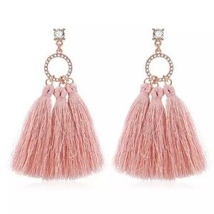 Boho Rose Pink & Gold Diamond Tassel Earrings